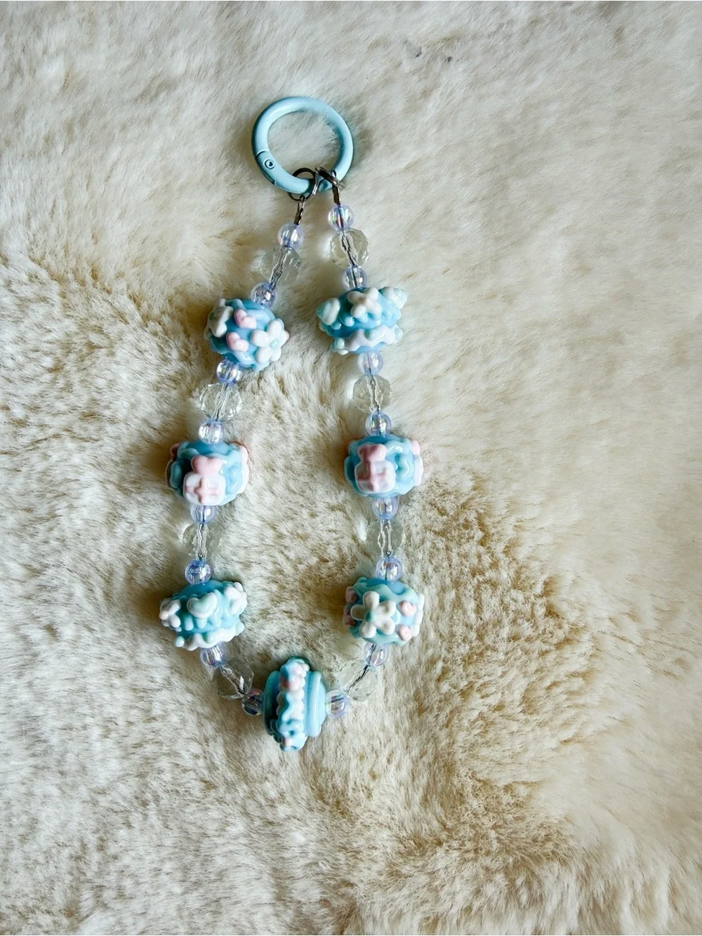 Handmade Floral Bead Keychain in Pastel Blue & Pink
